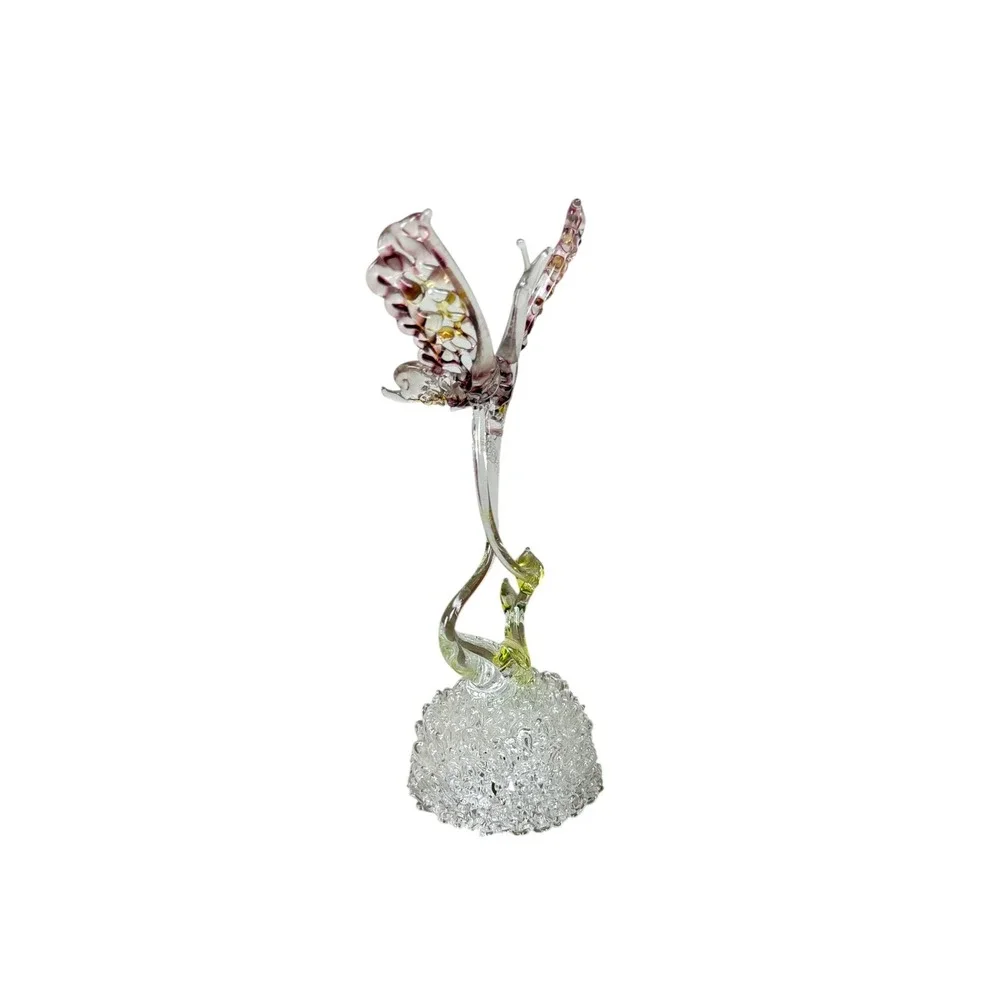 Hand Blown Art Glass Butterfly Figurine Spun Glass Base Pink Gold Accents 7in